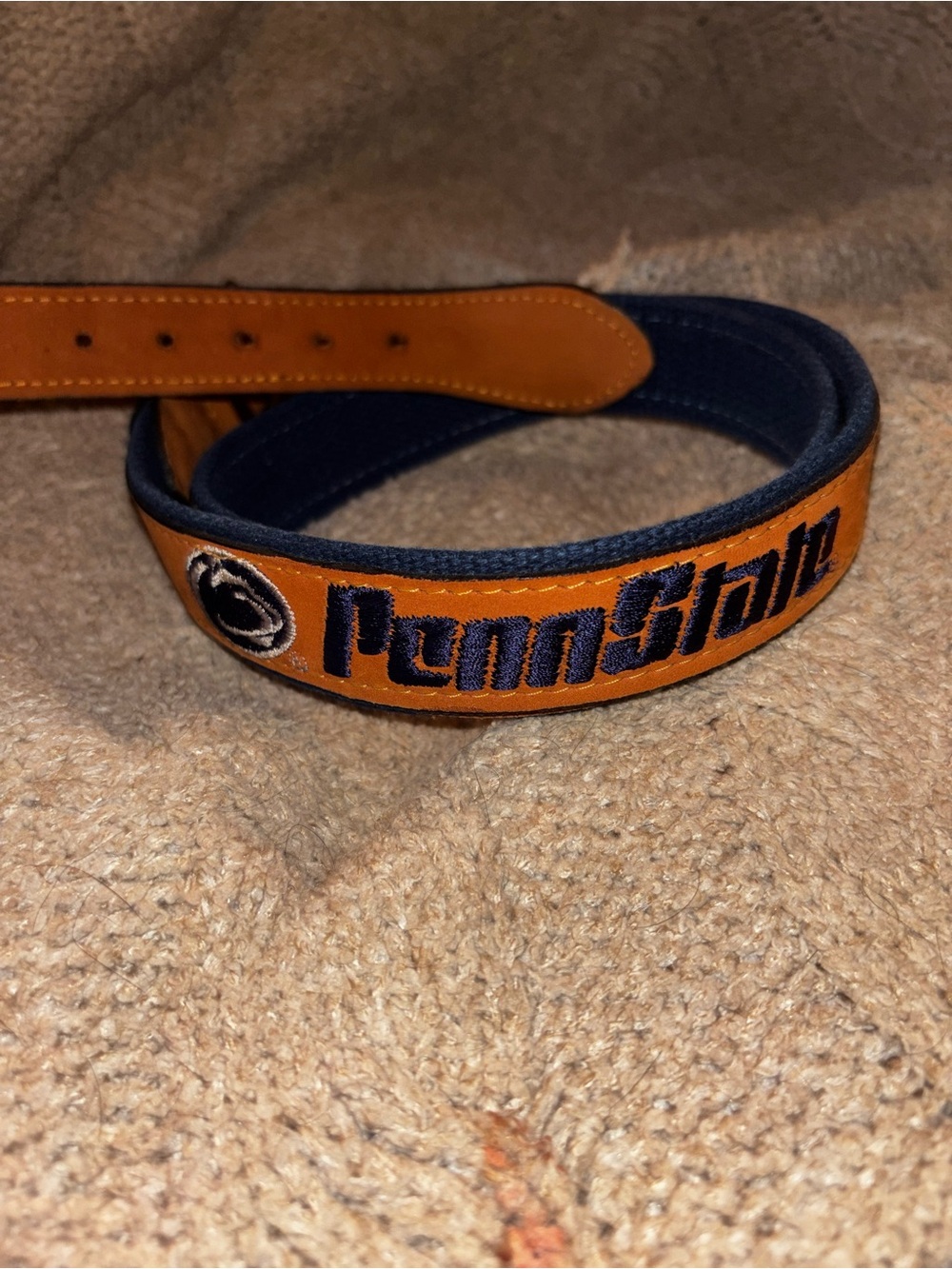 Penn State Nittany Lions Brown Navy Leather Fan Belt Embroidered Logo Size 36